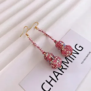 Elegant New Chinese pink crystal gourd tassel earrings with sparkling rhinestones and gold hooks