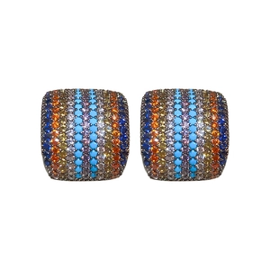 Rainbow square stud earrings with multicolored cubic zirconia in dark gray metal setting