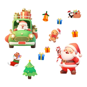 Dettaglio di adesivi natalizi 3D con Babbo Natale ed elementi di scatole regalo