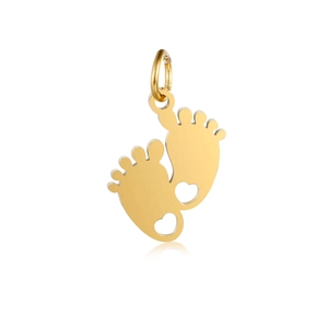Detailed close-up of golden stainless steel baby feet pendant with heart cutout and ring