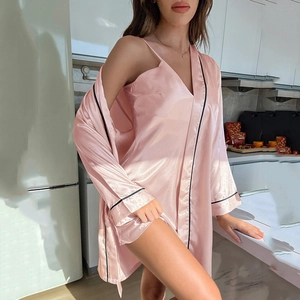 Peignoir Et Nuisette En Satin Pour Femmes Vêtements De Nuit Loungewear Col En V Dentelle Passepoil Contrasté Élégant