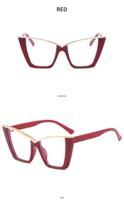 Front and side views of red cat-eye glasses frames with gold metal V-shaped accents