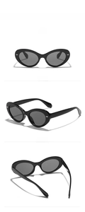Three views of black oval sunglasses showing front, side, and rear angles of the frames