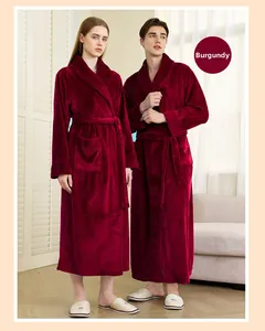 Close-up of thick wine red flannel bathrobe with V-neck and belted design for winter