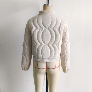 Detail of retro ethnic embroidered quilted jacket back view with high-collar and beige finish