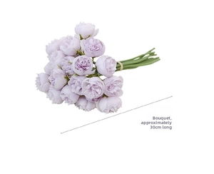 Close-up of 30cm light purple silk rose bouquet with dense petals and green leaves