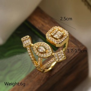 Detailed macro view showing the 2.5cm gold-plated zircon geometric open ring dimensions