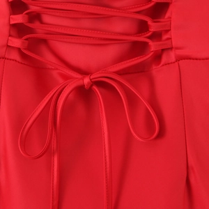 Elegant red satin mermaid dress featuring a lace-up corset back with metallic eyelets
