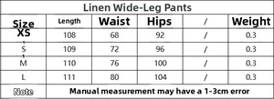 Tableau détaillé des tailles pour pantalon en lin à jambes larges avec mesures de taille