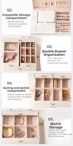 Multi-tier jewelry box featuring ring slots, earring plates, and watch storage drawers