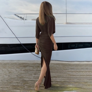 Elegant dark brown cowl neck long dress with side ruching and slit for women