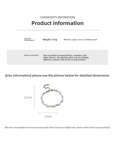 Detailed view of the 23.5cm zircon and pearl bracelet with specific weight and size data