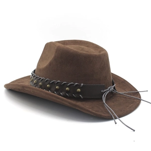 Vintage brown suede western cowboy hat with studded leather band and woven rope