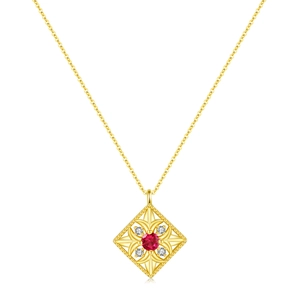 Vintage S925 silver square hollow necklace with red gemstone and sparkling accents