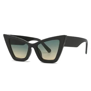 Fashionable cat eye sunglasses with thick black frames and blue-yellow gradient lenses