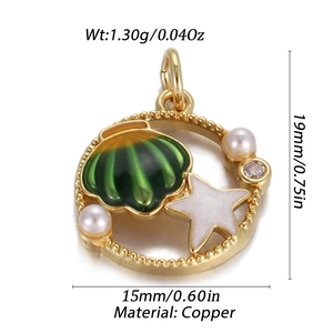 Detail view of round gold copper pendant with green shell enamel and dimensions