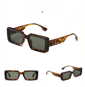 Detailed views of tortoise shell rectangle sunglasses with dark green lenses and thick arms