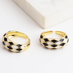Adjustable gold open ring with black and white checkerboard enamel pattern for women