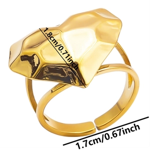 Detailed view of adjustable golden heart ring with dimensions of 1.8cm width and 1.7cm diameter