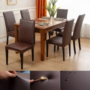 Waterproof PU leather chair cover in dark brown showing stretch and liquid resistance