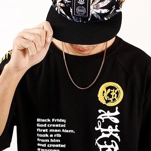 Black cotton t-shirt for men with white printed text and yellow graphic logo on chest