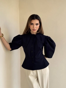 Women Puff Sleeve Top Cotton Polyester Woven Button Front Bow Tie Neck Hepburn Style Slim Fit Vintage Blouse