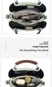 Interior layout of green leather handbag showing multiple compartments and large capacity