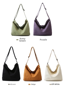 Selezione di cinque borse in tela di cotone nei colori verde, viola, nero, marrone e beige