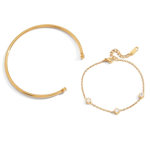 Klassieke 18K vergulde roestvrijstalen armbandset met ronde zirkonia stenen versiering