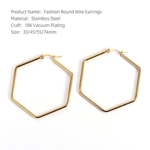 Detail showing various sizes of 18K gold plated stainless steel hexagonal hoop earrings