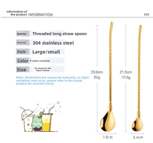 Detailed size chart of 304 stainless steel straw spoons with spiral handle measurements
