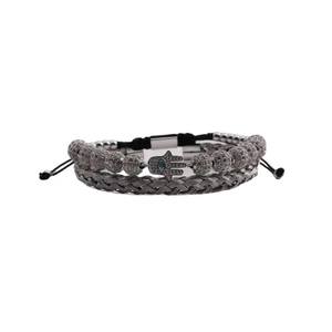 Men's titanium steel Hamsa hand beaded bracelet and black woven bracelet set