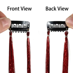 Front and back view of red tinsel hair extension with black U-shaped metal clip