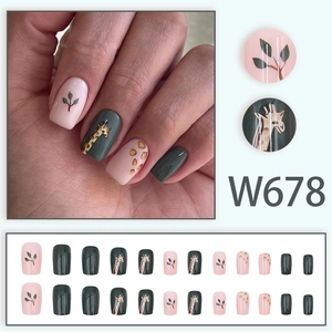 Dark green giraffe themed press-on nails set with 24 pieces in various sizes