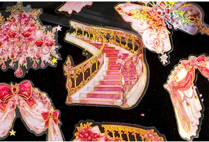 Detail of vintage starry theme PET stickers with gold foil spiral stairs and ribbons