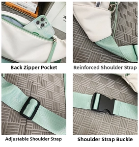Detail view of water-resistant off-white chest bag with mint green straps and hidden back pocket
