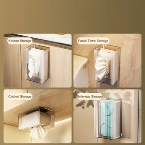Wall-mounted transparent acrylic tissue box for towels and masks in various home scenes