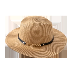 Classic straw jazz hat with black leather band and gold chain detail for sun protection