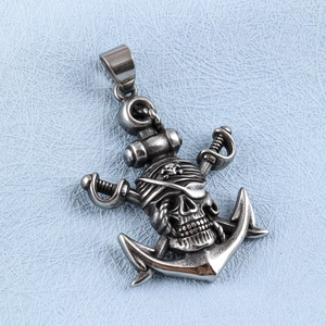 Vintage stainless steel pirate skull anchor pendant with cross swords in retro silver finish