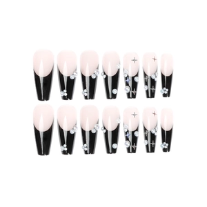 Long ballerina press-on nails in black French design with pearls and star accents