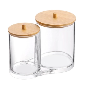 Dual acrylic storage jars with bamboo lids for cotton swabs and cosmetic pads