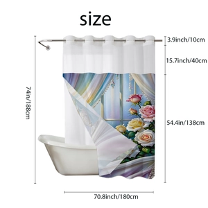 Detail of waterproof rose print shower curtain with precise height and width measurements