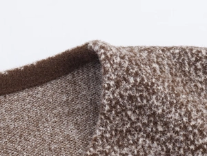 Close-up of thick retro knit texture with brown and beige floral yarn patterns