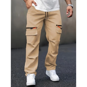 Men's khaki cargo pants with straight leg cut and orange zipper details on side pockets