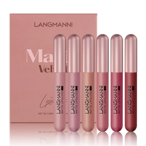 Langmanni 6-piece matte velvet lip gloss set with various shades in a pink box
