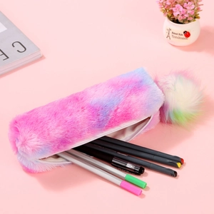 Rainbow fluffy pencil case with large pompom keychain for students and girls