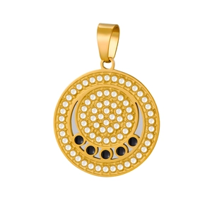 Macro view of 18k gold plated round pendant with clear crystals and black oval gemstones