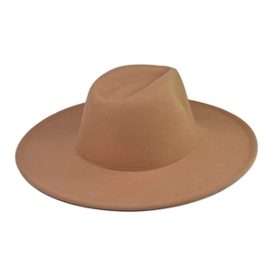 Detail shot of camel wool felt fedora showing flat brim stitching and drop crown