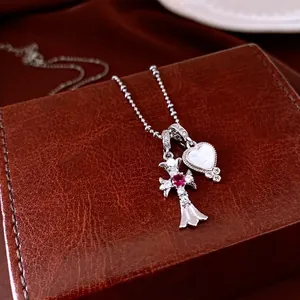 Vintage Double Pendant Necklace Copper Zircon Red Stone Cross Heart Mother Of Artificial Pearl Gothic Luxury Jewelry For Women