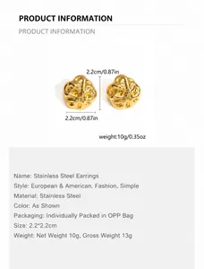 Macro shot of gold stainless steel twisted earrings showing 2.2cm size and 10g weight